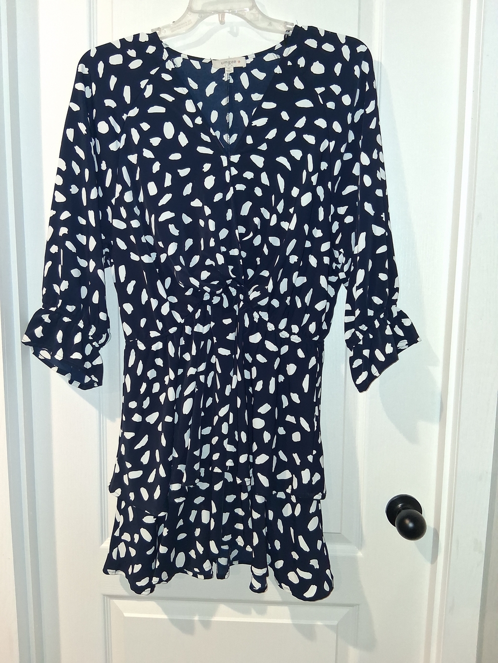 Umgee Navy and White Printed Ruffle-Hem Mini Dress